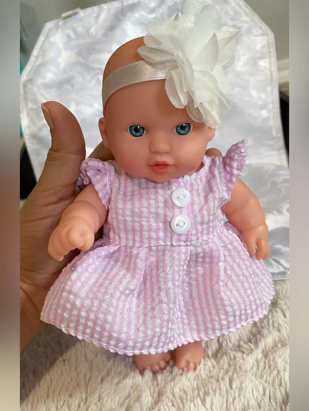 Cute 7” Baby Doll Pink Dress Blue Eyes Movable Arms Legs